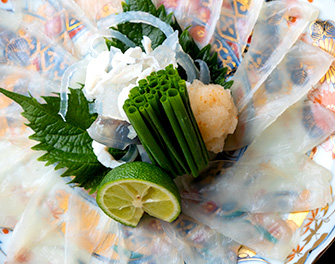 自家製ポン酢でいただく、透き通るような美しさのてっさ（ふぐ刺し）